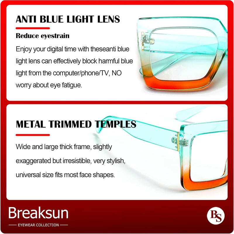 Breaksun Oversized Blue Light Glasses for Women Fashion Thick Square Computer Eyewear Non-Prescription Black Glasses (Green Orange) - Image 4